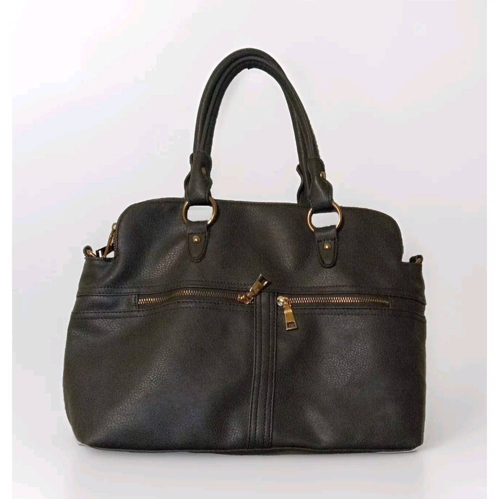 Kathy Ireland Satchel Bag Womens Large Dark Gray Pebbled Faux Leather Crossbody